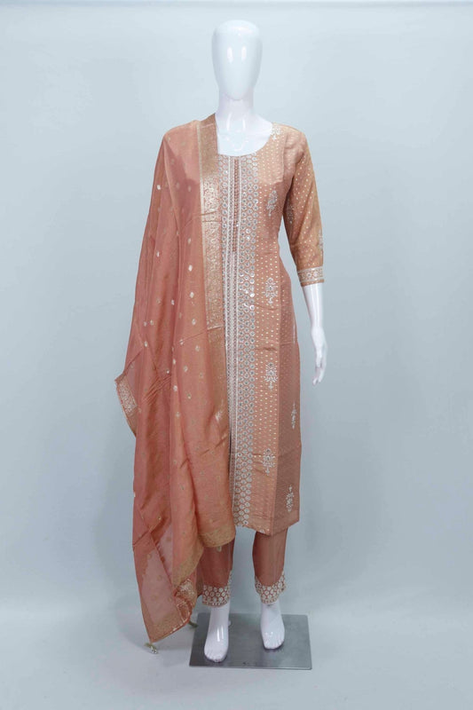 Peach Foil Printed Cotton Straight Suit Set with Embroidered Dupatta - Mangaldeep NX