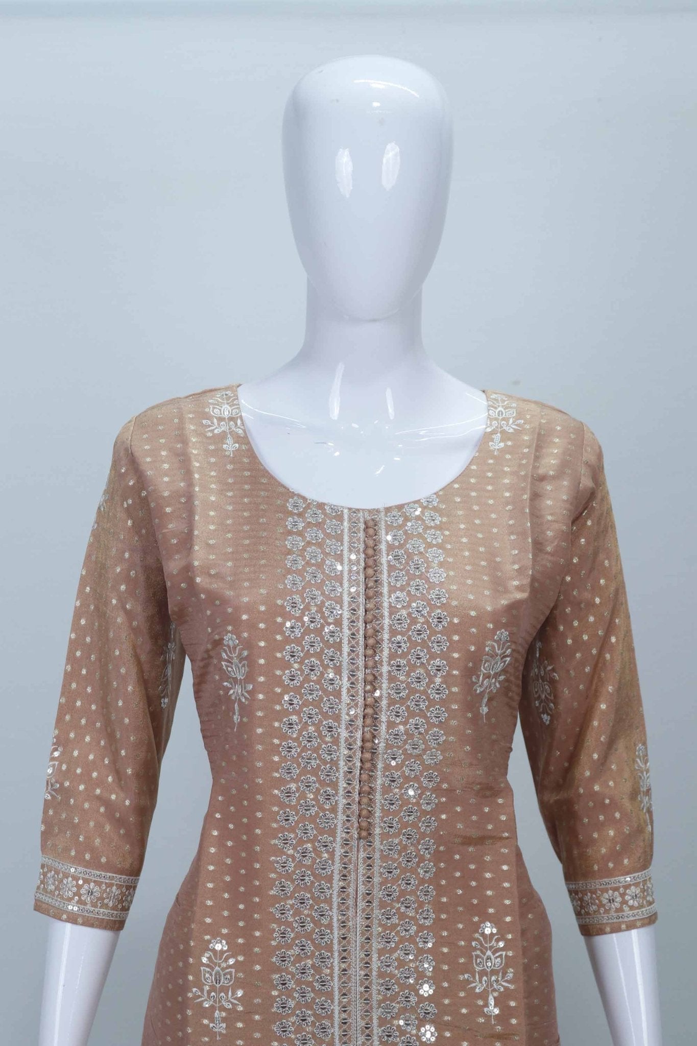 Peach Foil Printed Cotton Straight Suit Set with Embroidered Dupatta - Mangaldeep NX