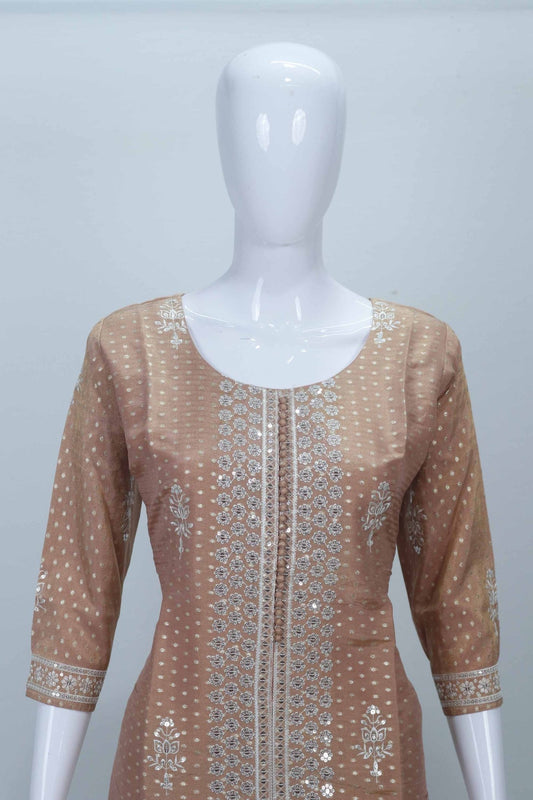 Peach Foil Printed Cotton Straight Suit Set with Embroidered Dupatta - Mangaldeep NX