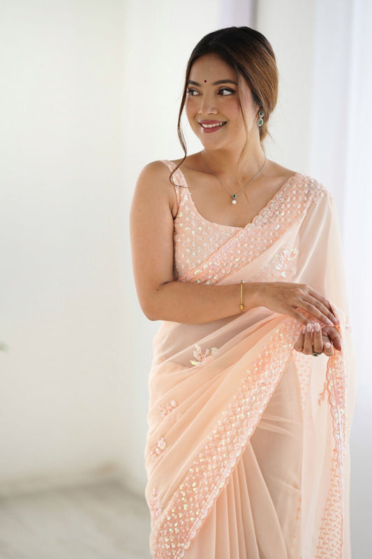 Peach Georgette Saree with Sequin Embellishments and Designer Blouse - Mangaldeep NX