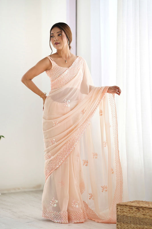 Peach Georgette Saree with Sequin Embellishments and Designer Blouse - Mangaldeep NX