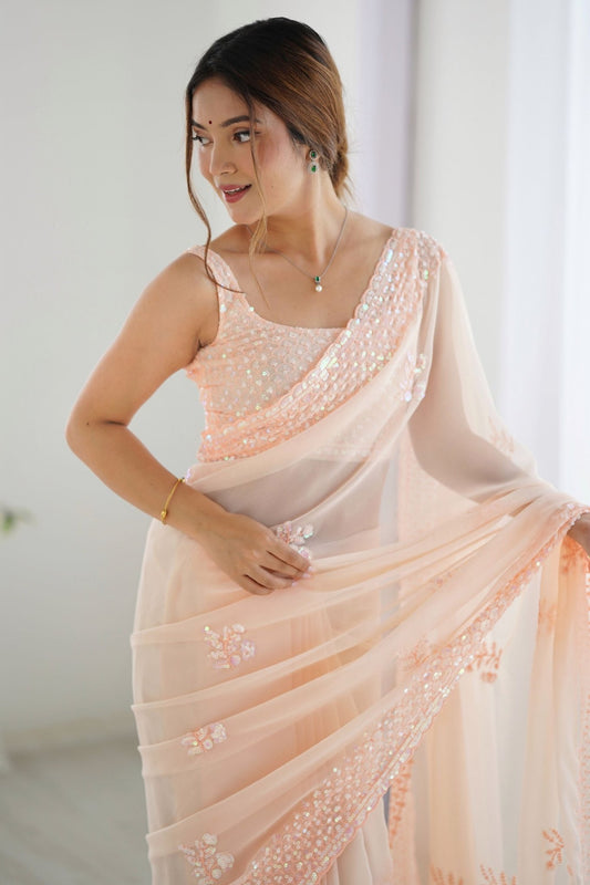Peach Georgette Saree with Sequin Embellishments and Designer Blouse - Mangaldeep NX