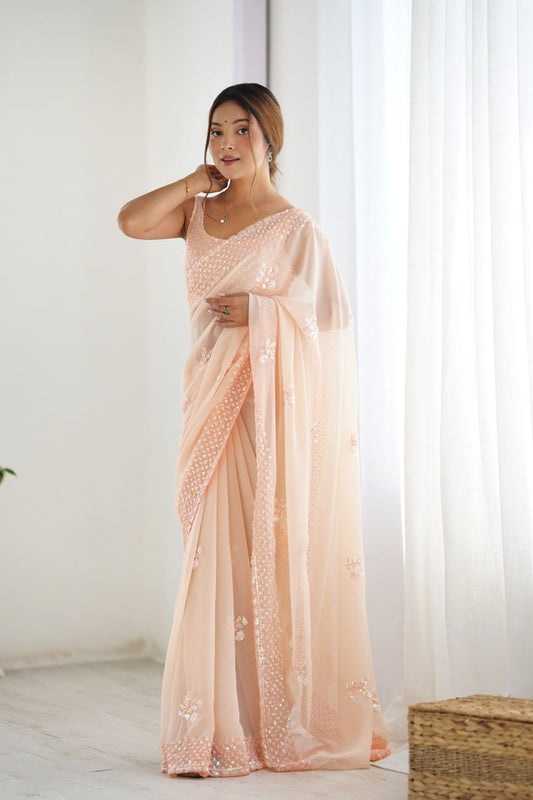 Peach Georgette Saree with Sequin Embellishments and Designer Blouse - Mangaldeep NX
