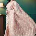 Peach Organza Saree with Gold Leaf Vine Print and Sequin Lace Border - Mangaldeep NX