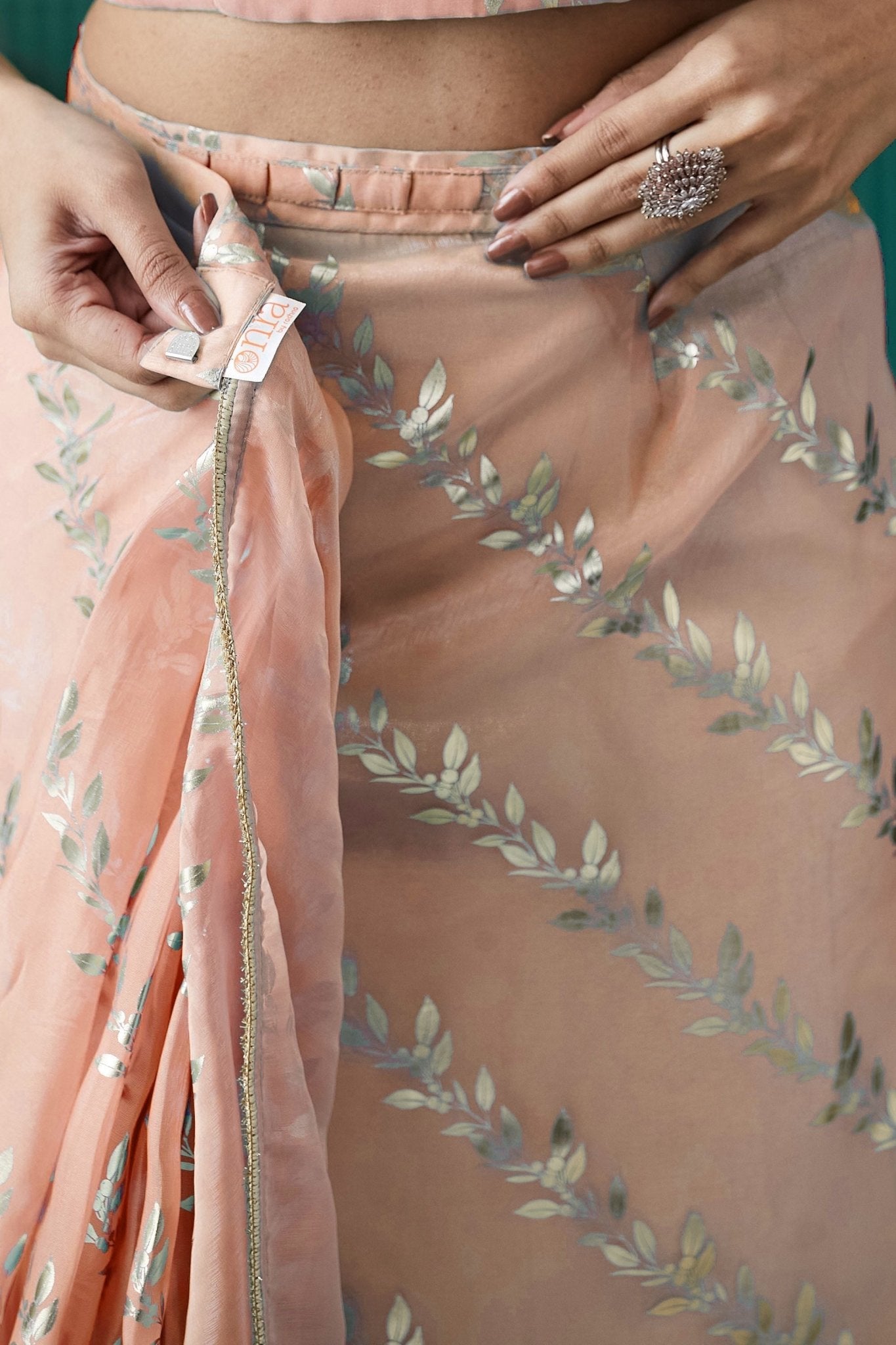 Peach Organza Saree with Gold Leaf Vine Print and Sequin Lace Border - Mangaldeep NX