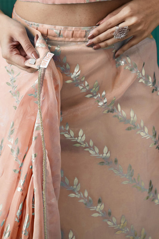 Peach Organza Saree with Gold Leaf Vine Print and Sequin Lace Border - Mangaldeep NX