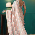 Peach Organza Saree with Gold Leaf Vine Print and Sequin Lace Border - Mangaldeep NX