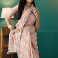 Peach Organza Saree with Gold Leaf Vine Print and Sequin Lace Border - Mangaldeep NX