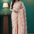 Peach Organza Saree with Gold Leaf Vine Print and Sequin Lace Border - Mangaldeep NX