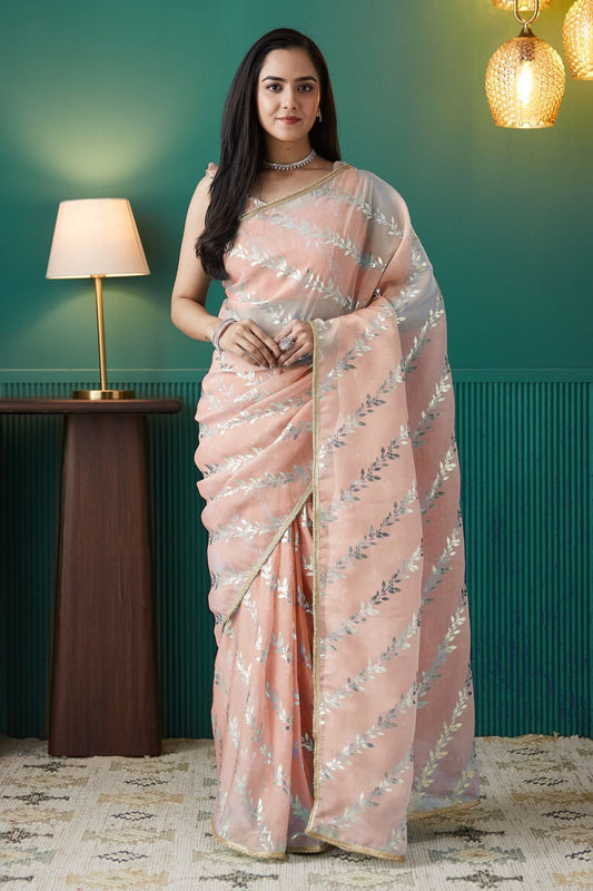 Peach Organza Saree with Gold Leaf Vine Print and Sequin Lace Border - Mangaldeep NX
