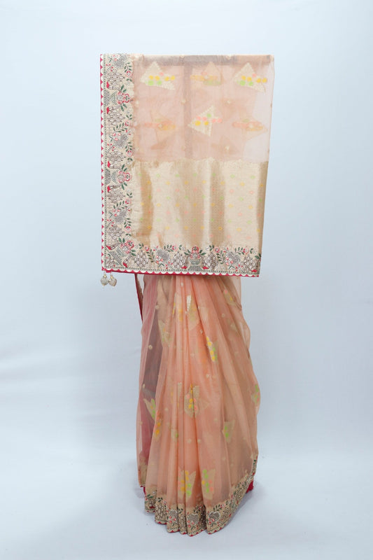 Peach Organza Saree with Multicolor Embroidery and Zari Woven Pallu - Mangaldeep NX