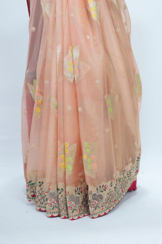 Peach Organza Saree with Multicolor Embroidery and Zari Woven Pallu - Mangaldeep NX