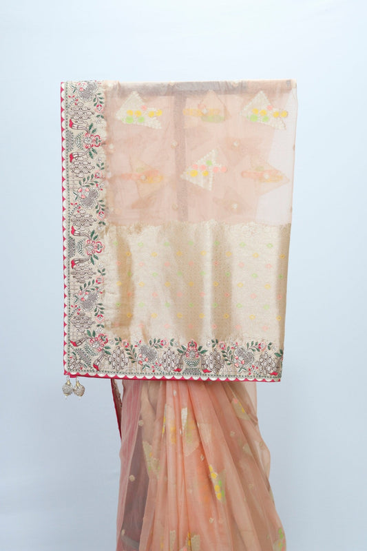 Peach Organza Saree with Multicolor Embroidery and Zari Woven Pallu - Mangaldeep NX