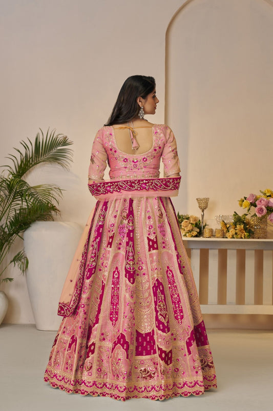 Peach Pink Embroidered Lehenga Choli with Elephant Motifs and Sequin Work Dupatta - Mangaldeep NX