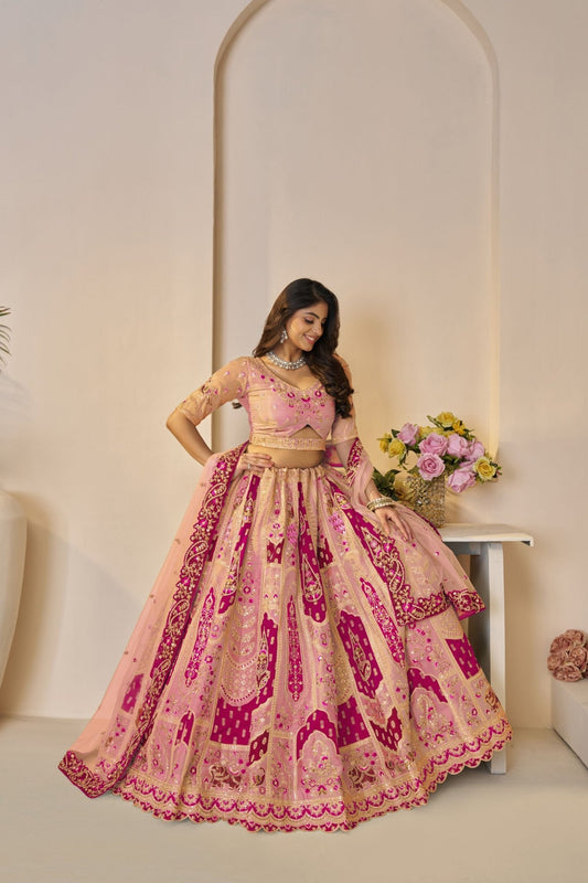 Peach Pink Embroidered Lehenga Choli with Elephant Motifs and Sequin Work Dupatta - Mangaldeep NX