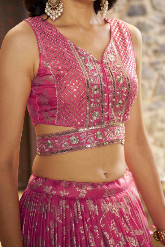 Peach Pink Embroidered Silk Lehenga Choli with Foil Work and Net Dupatta - Mangaldeep NX
