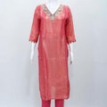 Peach Pink Silk Blend Kurta Set with Embroidered Neckline and Printed Organza Dupatta - Mangaldeep NX