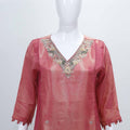 Peach Pink Silk Blend Kurta Set with Embroidered Neckline and Printed Organza Dupatta - Mangaldeep NX