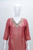 Peach Pink Silk Blend Kurta Set with Embroidered Neckline and Printed Organza Dupatta - Mangaldeep NX