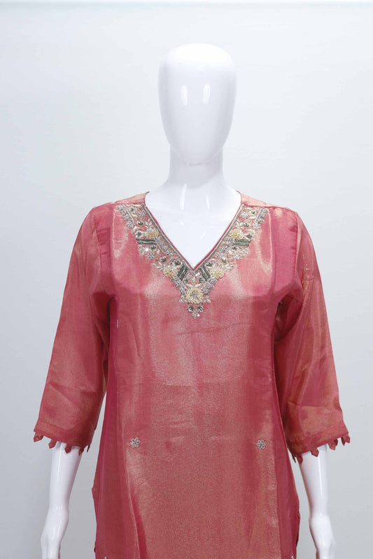 Peach Pink Silk Blend Kurta Set with Embroidered Neckline and Printed Organza Dupatta - Mangaldeep NX