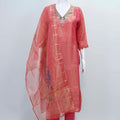 Peach Pink Silk Blend Kurta Set with Embroidered Neckline and Printed Organza Dupatta - Mangaldeep NX