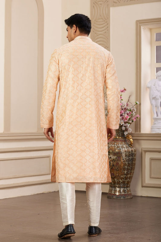 Peach Sequin Embroidered Silk Kurta Pajama Set for Men - Mangaldeep NX