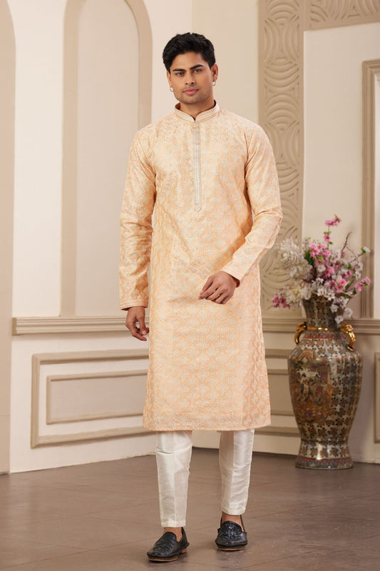 Peach Sequin Embroidered Silk Kurta Pajama Set for Men - Mangaldeep NX