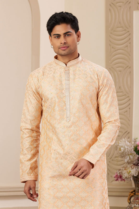 Peach Sequin Embroidered Silk Kurta Pajama Set for Men - Mangaldeep NX