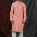 Peach Textured Cotton Kurta for Men with Off - White Pyjama - Mangaldeep NX