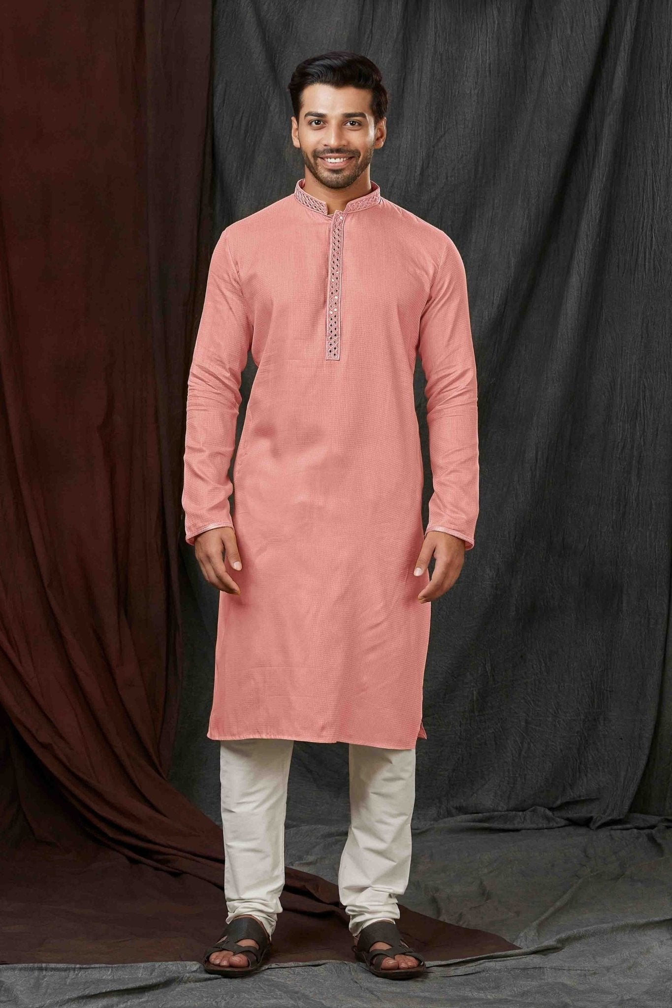 Peach Textured Cotton Kurta for Men with Off - White Pyjama - Mangaldeep NX