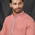 Peach Textured Cotton Kurta for Men with Off - White Pyjama - Mangaldeep NX