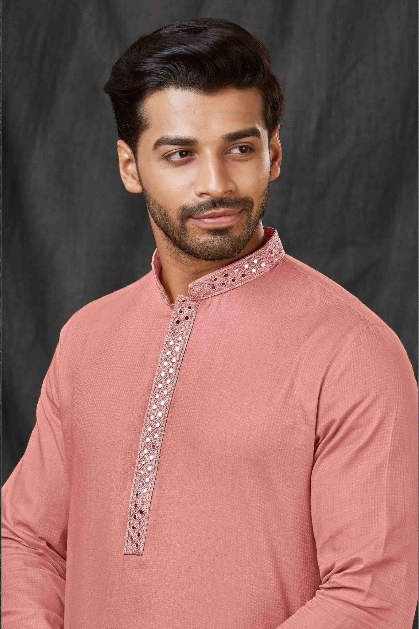 Peach Textured Cotton Kurta for Men with Off - White Pyjama - Mangaldeep NX
