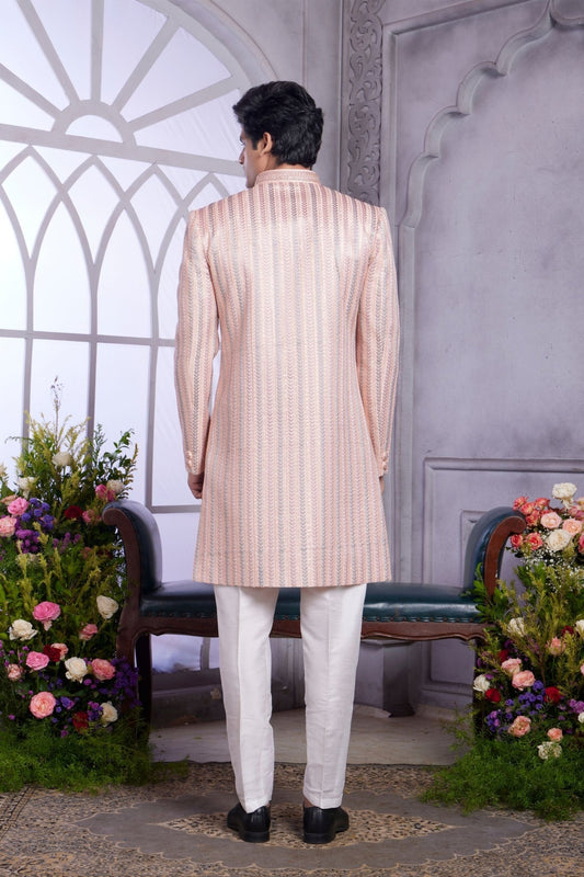 Peach Textured Indo Western with Embroidered Jacket for Men - Mangaldeep NX