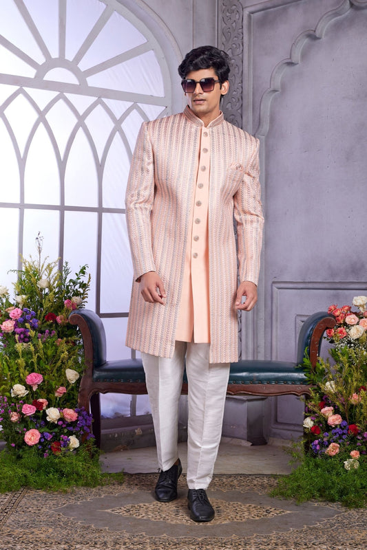 Peach Textured Indo Western with Embroidered Jacket for Men - Mangaldeep NX