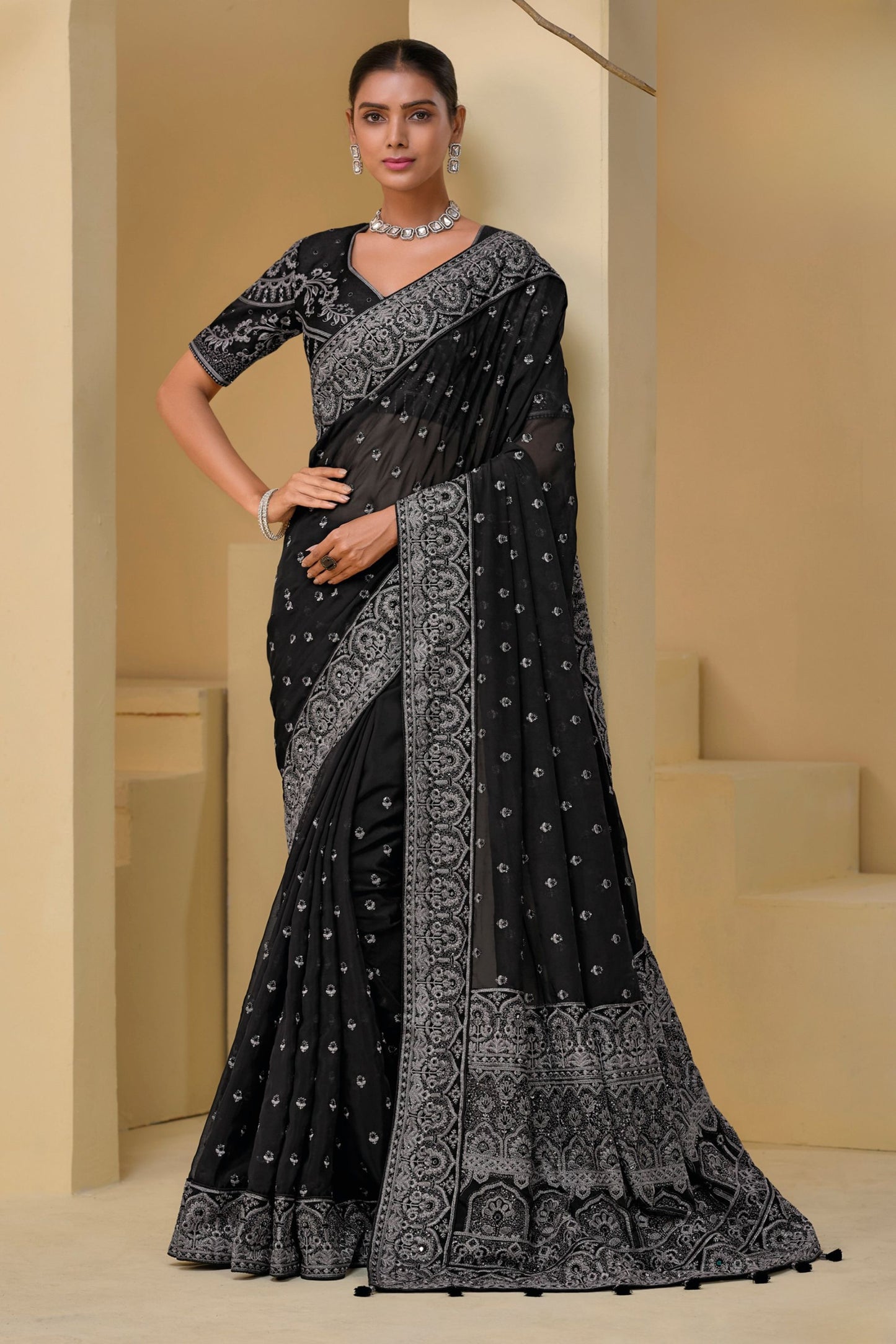 Black Silver Embroidered Designer Saree Party Wear