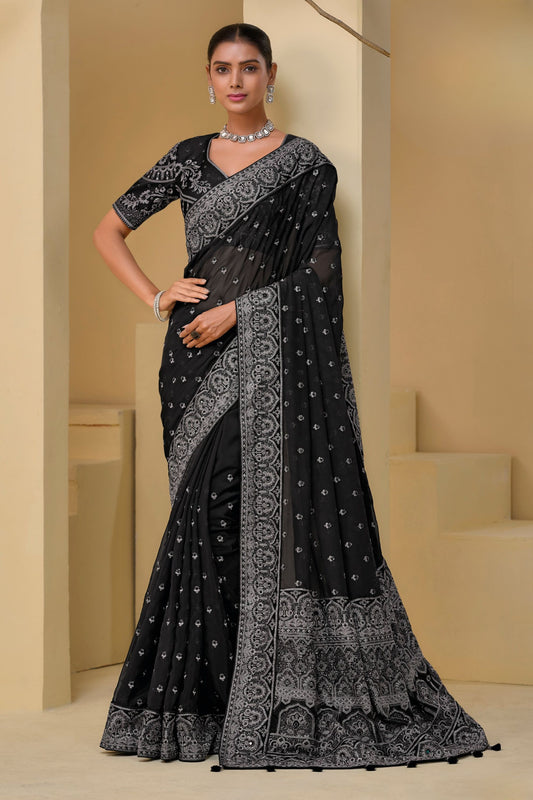 Black Silver Embroidered Designer Saree Party Wear