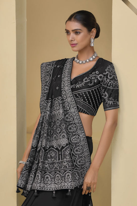 Black Silver Embroidered Designer Saree Party Wear