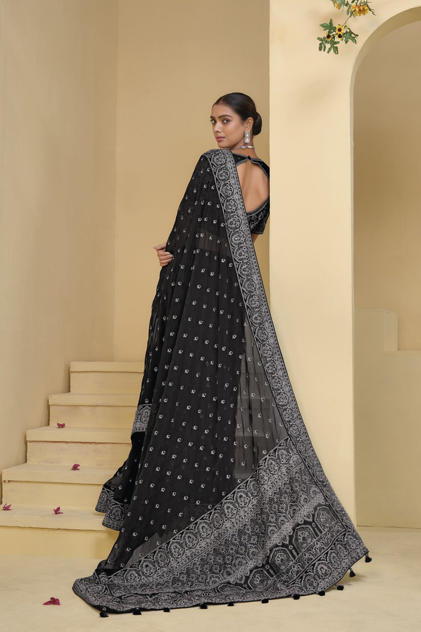 Black Silver Embroidered Designer Saree Party Wear