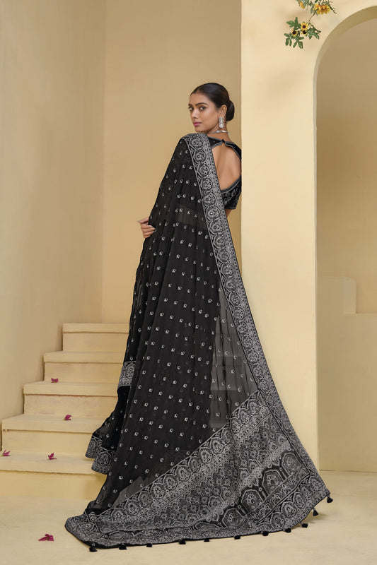 Black Silver Embroidered Designer Saree Party Wear