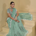 Elegant Mint Green Organza Saree Designer Blouse