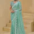 Elegant Mint Green Organza Saree Designer Blouse