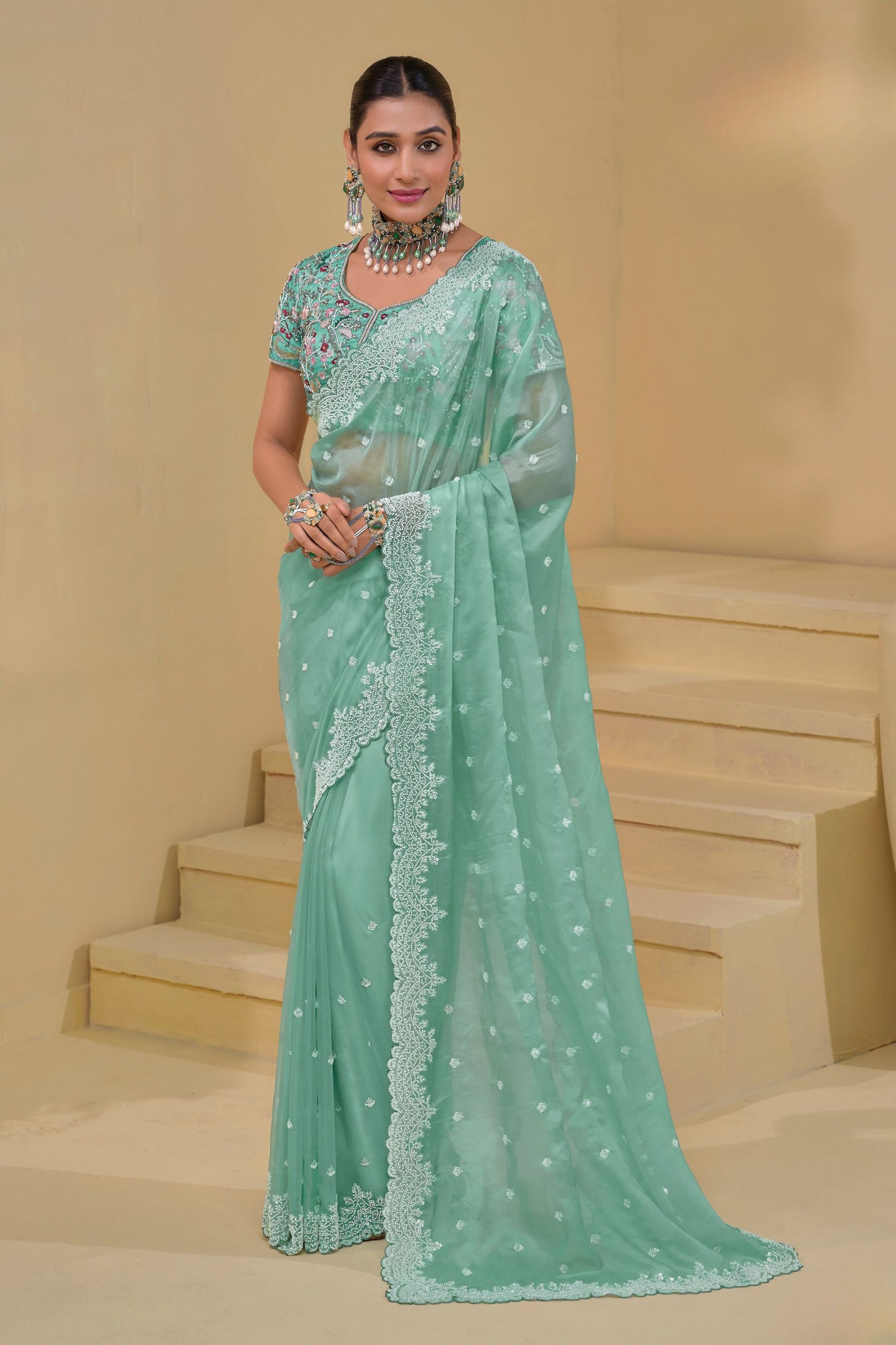 Elegant Mint Green Organza Saree Designer Blouse