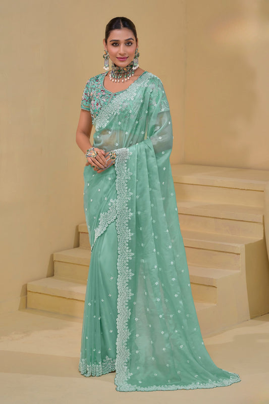 Elegant Mint Green Organza Saree Designer Blouse