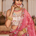 Pink and Cream Embroidered Bridal Lehenga Choli with Sequin Work and Dupatta - Mangaldeep NX