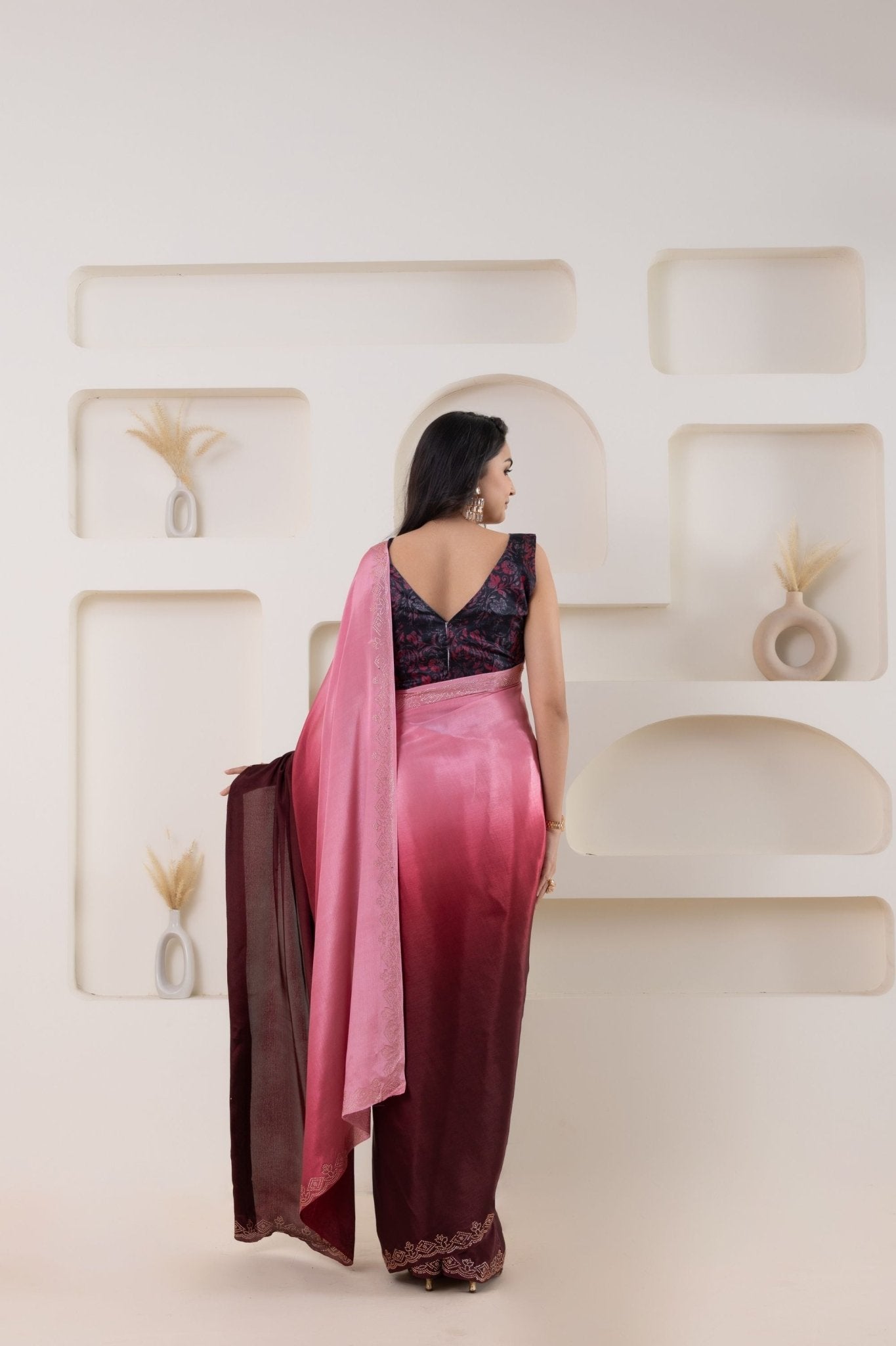 Pink and Maroon Satin Silk Saree with Embroidered Zari Border and Designer Blouse - Mangaldeep NX