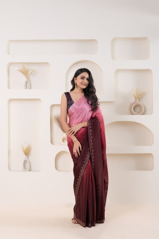 Pink and Maroon Satin Silk Saree with Embroidered Zari Border and Designer Blouse - Mangaldeep NX