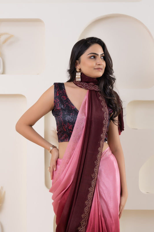 Pink and Maroon Satin Silk Saree with Embroidered Zari Border and Designer Blouse - Mangaldeep NX
