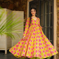 Pink and Yellow Rayon Bandhani Print Kurti with Palazzo Set for Festive Wear - Mangaldeep NX