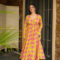 Pink and Yellow Rayon Bandhani Print Kurti with Palazzo Set for Festive Wear - Mangaldeep NX