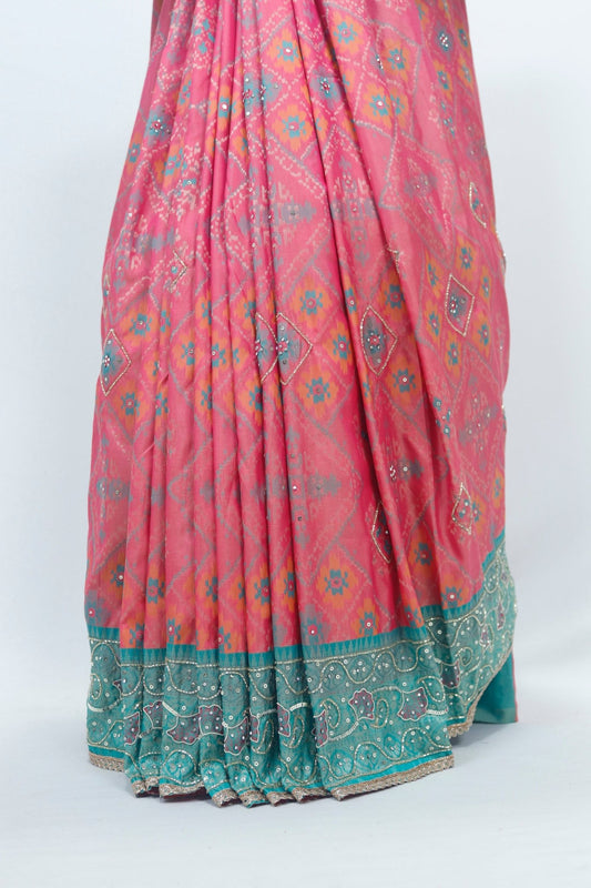 Pink Bandhani Print Saree with Green Traditional Rajasthani Ethnic Wear - Mangaldeep NX